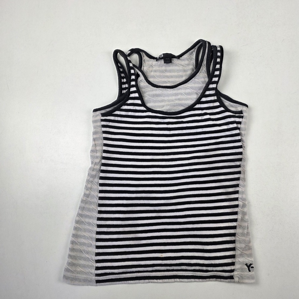 Y-3 Tank Top Womens Medium Black White Sheer Stripe Scoop Neck Logo Hem Jersey